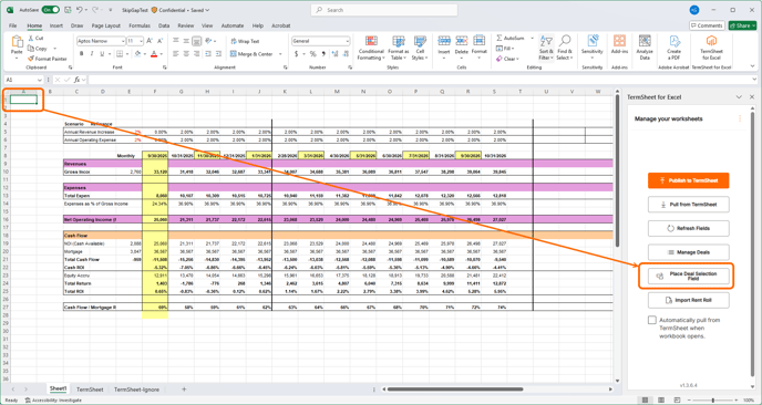 Excel add in - place deal selection field