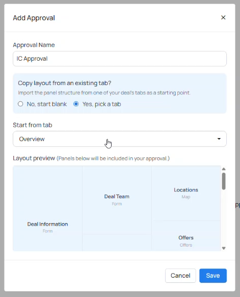 approvals - add approval from tab