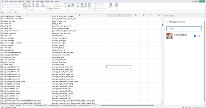 excel update - manage deals - search